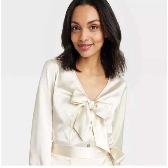 New House of Aama X Target Satin Blouse Shirt Ivory Bow neck sz XL NWT career - Picture 1 of 8
